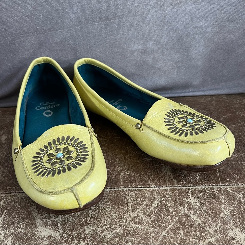 Calleen Cordero Flat Shoes Womens 6 Light Yellow Sky Moccasins Leather Turquoise